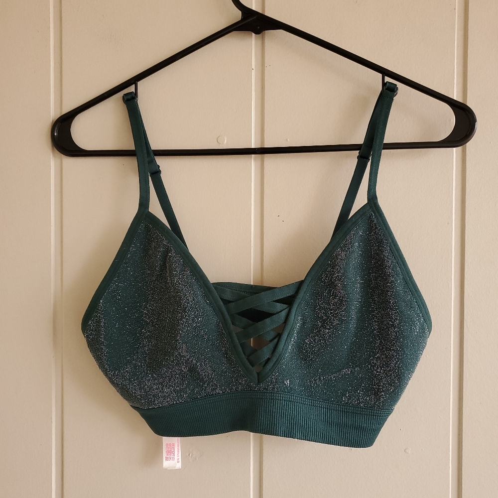 VS Pink Emerald Green Shimmer Glitter Criss Cross Triangle Bralette Sz Large